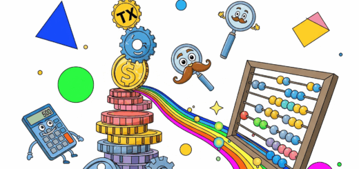 Symbolbild Erfolgstools: Fliegender Abakus, Rechner und Regenbogen als bunter Mix für den Unternehmensstart.