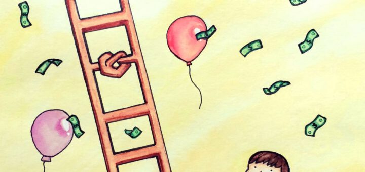 Buchcover Von der Idee zum Geld (Christoph Bußinger): Handgezeichnete Leiter mit Knoten, Glühbirne und regnendem Geld.